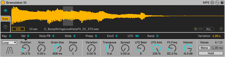 Loop再生モードのGranulator IIIではグレインが互いに重なり合わない